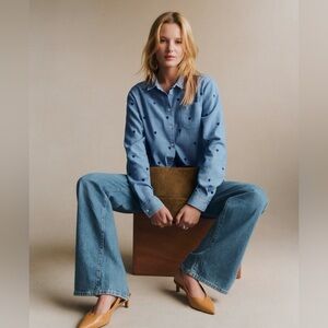 Sezane Tomboy Shirt Chambray With Embroidered Navy Hearts - Size 10 EUC W Bag